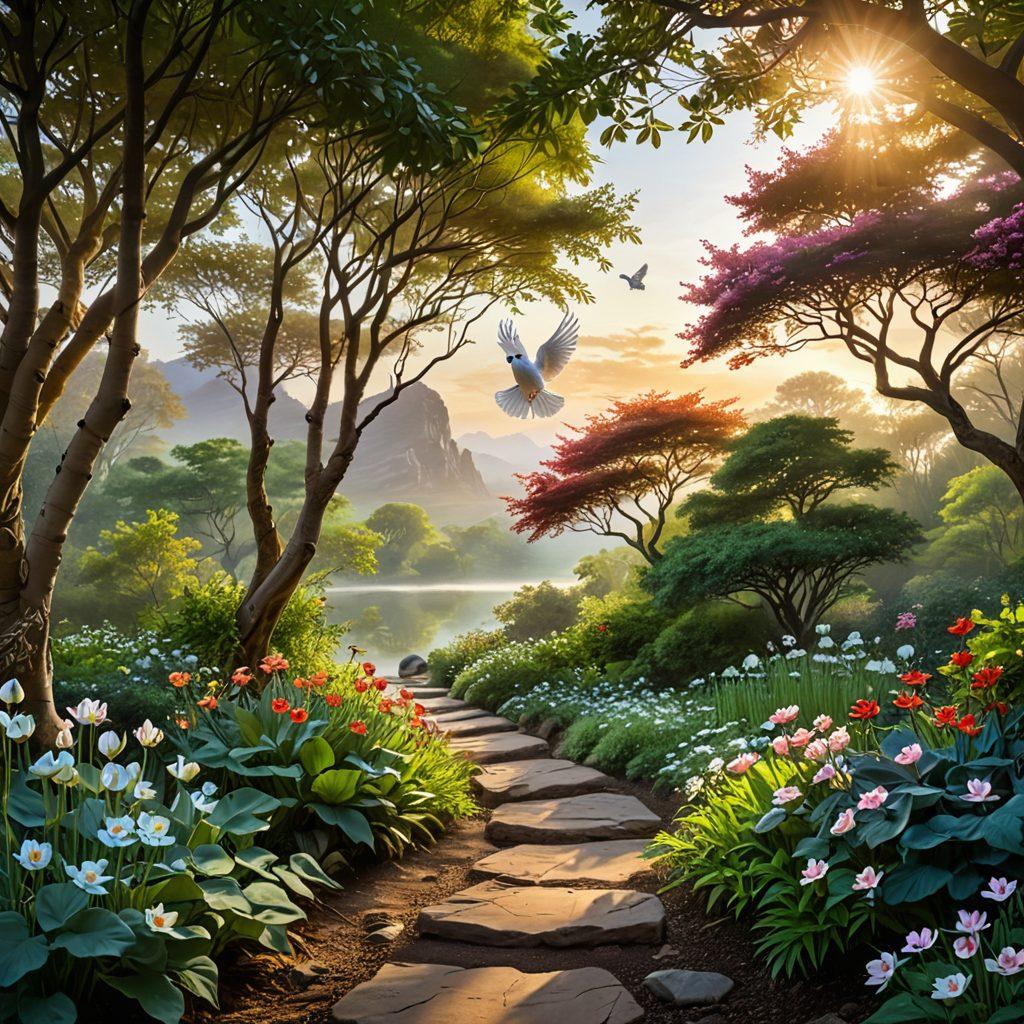 A serene landscape featuring a winding path that symbolizes the journey of spiritual growth, with lush greenery, blooming flowers, and soft sunlight filtering through the trees. Incorporate a figure meditating by the path, surrounded by floating symbols of different spiritual beliefs, such as a lotus, a yin-yang, and a dove. The sky should be painted in warm, inviting colors representing dawn, illustrating a new beginning. super-realistic. vibrant colors. peaceful atmosphere.
