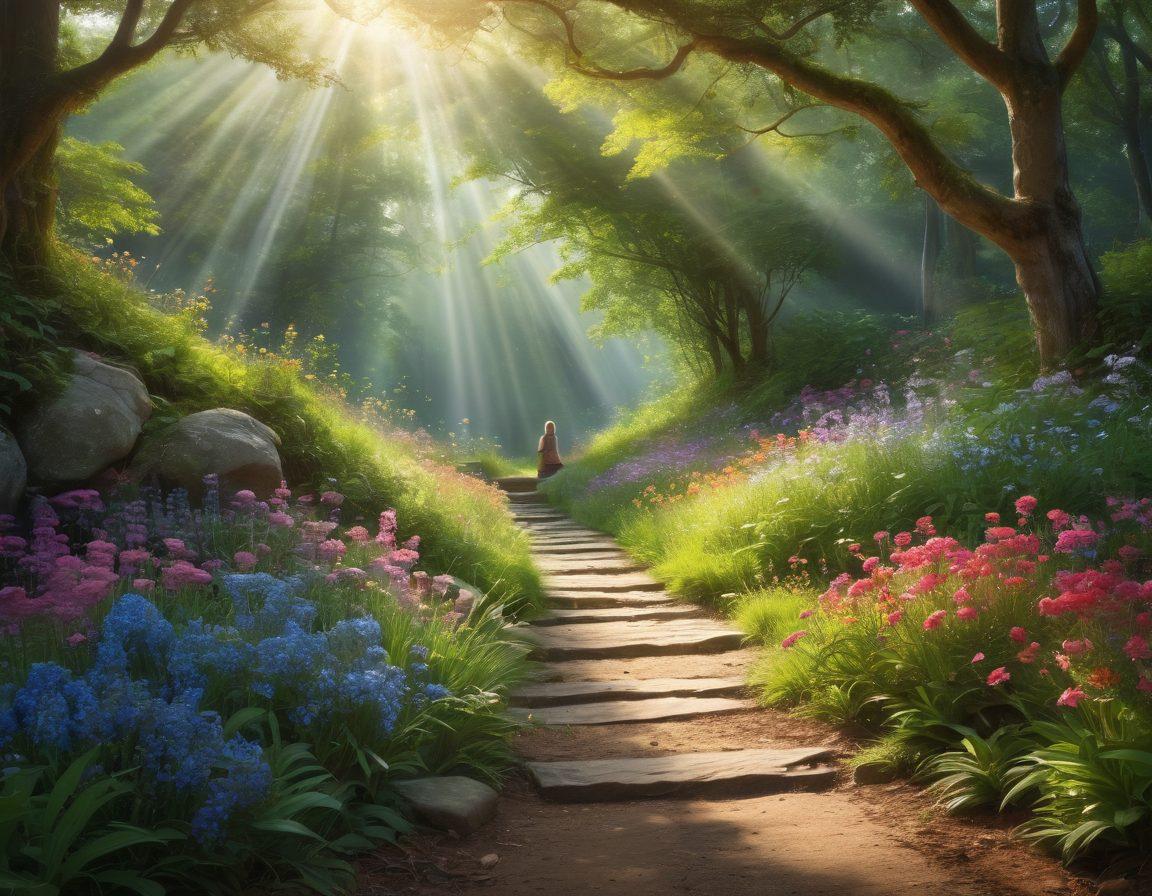 A serene landscape depicting a winding path through a lush forest, leading toward a radiant light symbolizing spiritual growth. Include ethereal elements like glowing orbs representing faithfulness and devotion, alongside gentle rainbows to evoke a sense of peace. A person kneeling in prayer at the path's midpoint, surrounded by delicate flowers. super-realistic. vibrant colors. peaceful ambiance.