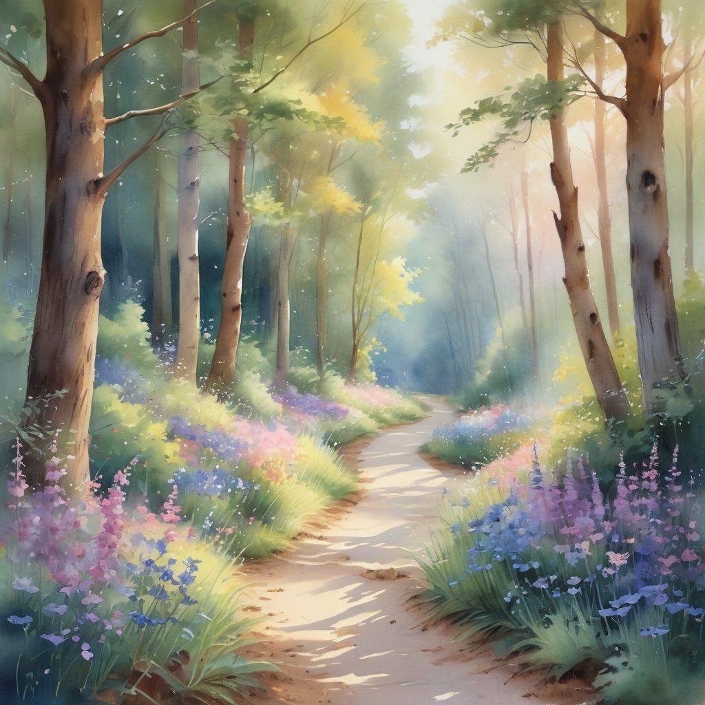A serene landscape depicting a winding path through a sunlit forest, symbolizing a journey towards hope and grace. Alongside the path, blooming wildflowers in soft pastel colors represent faithfulness and inspiration. In the background, a gentle light breaks through the trees, creating an ethereal glow. Ethereal elements like butterflies and doves enhance the sense of peace. watercolor painting. vibrant colors. soft focus.
